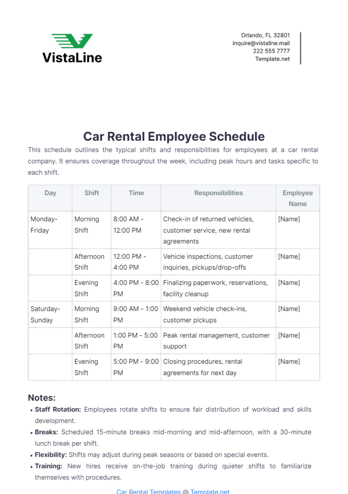 Car Rental Employee Schedule Template - Edit Online & Download