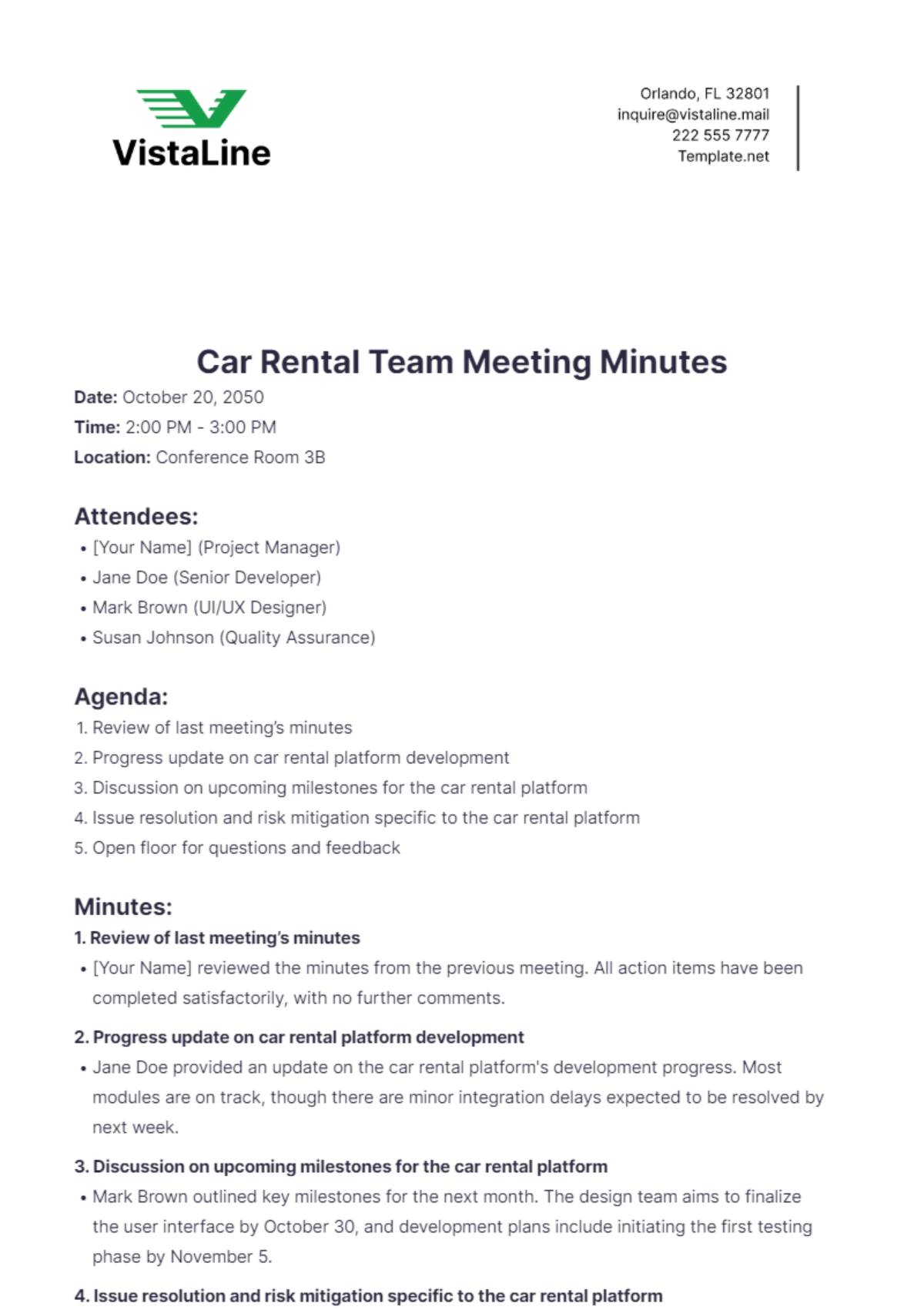 Car Rental Team Meeting Minutes Template