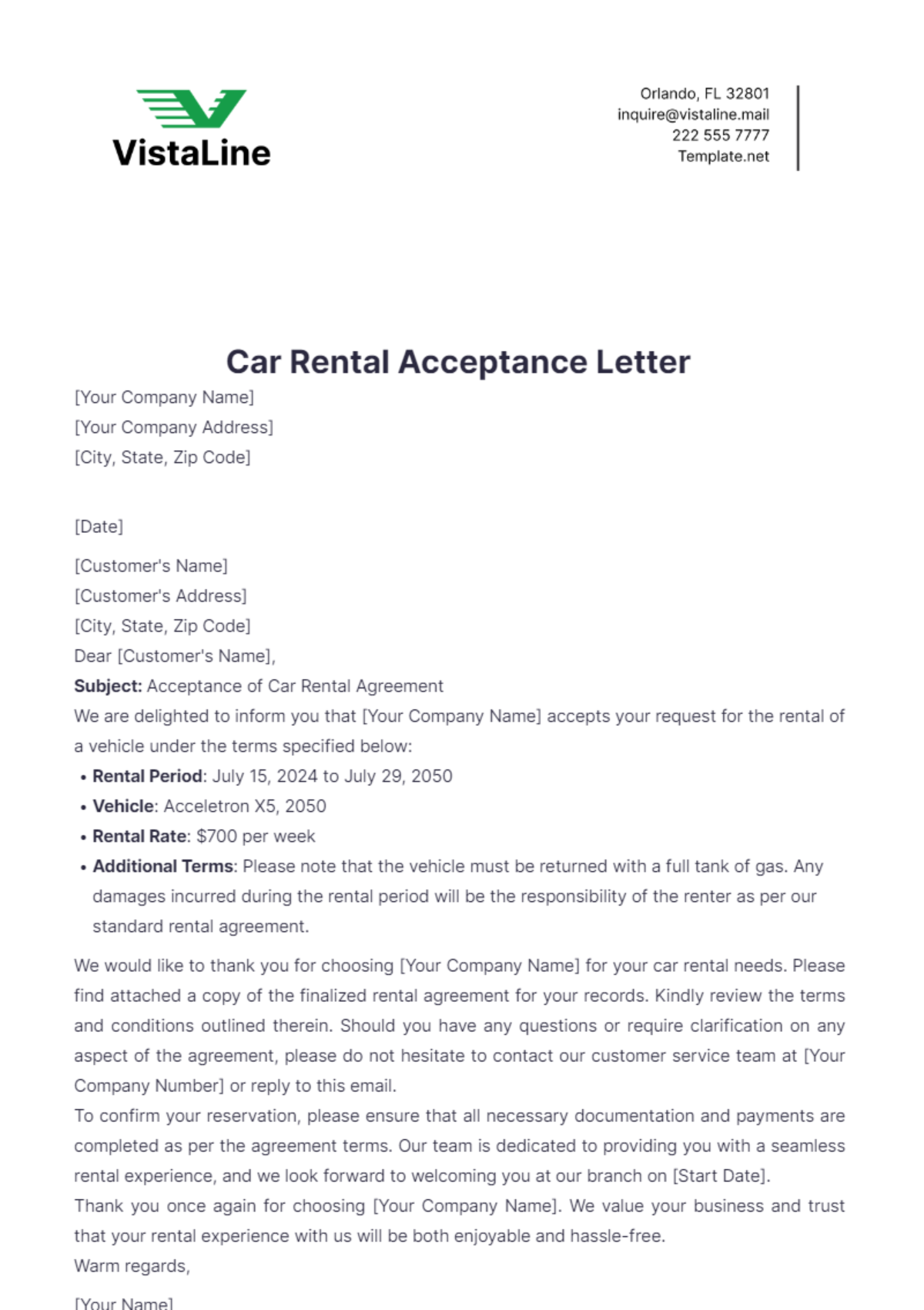 Car Rental Acceptance Letter Template