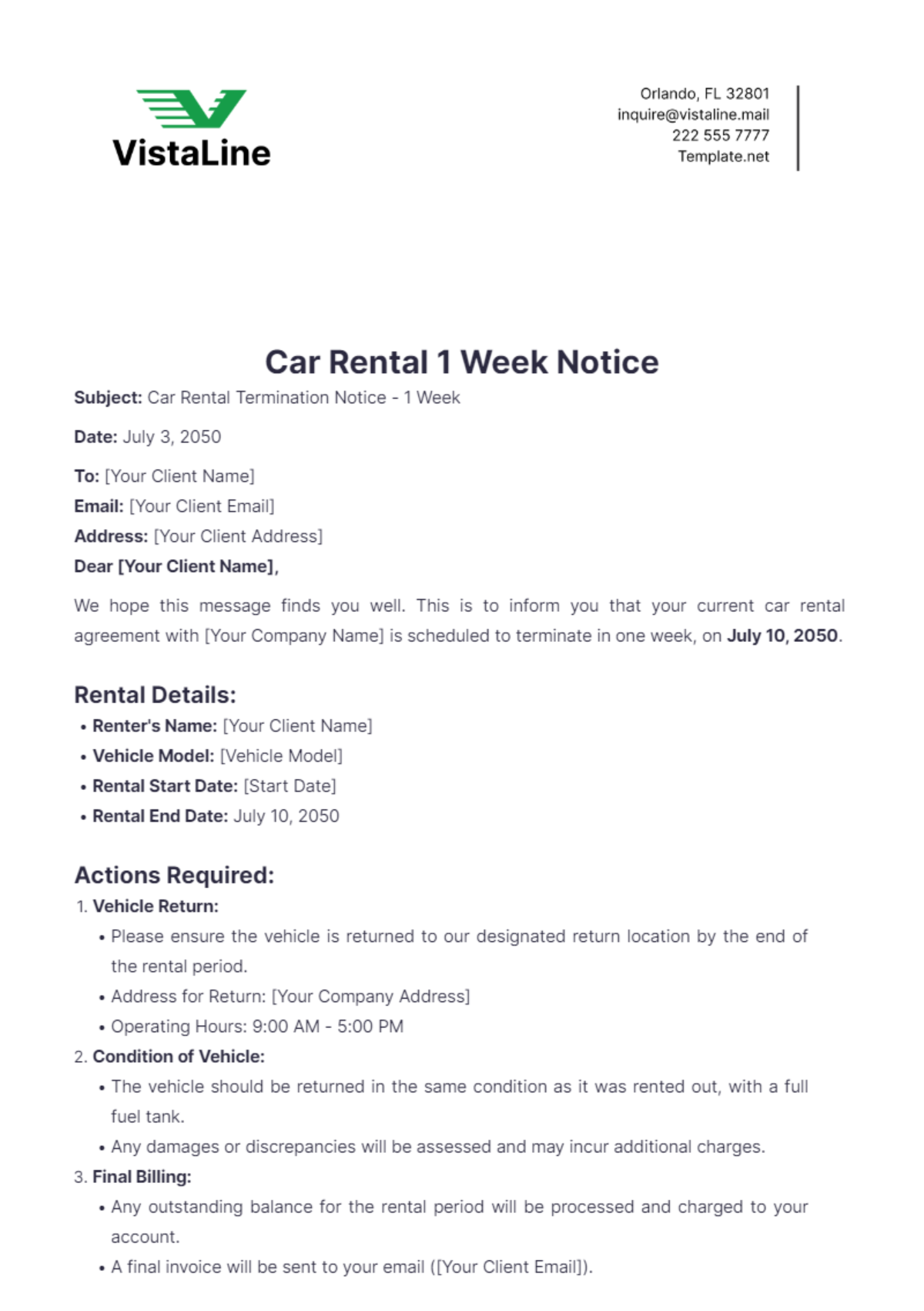 Car Rental 1 Week Notice Template