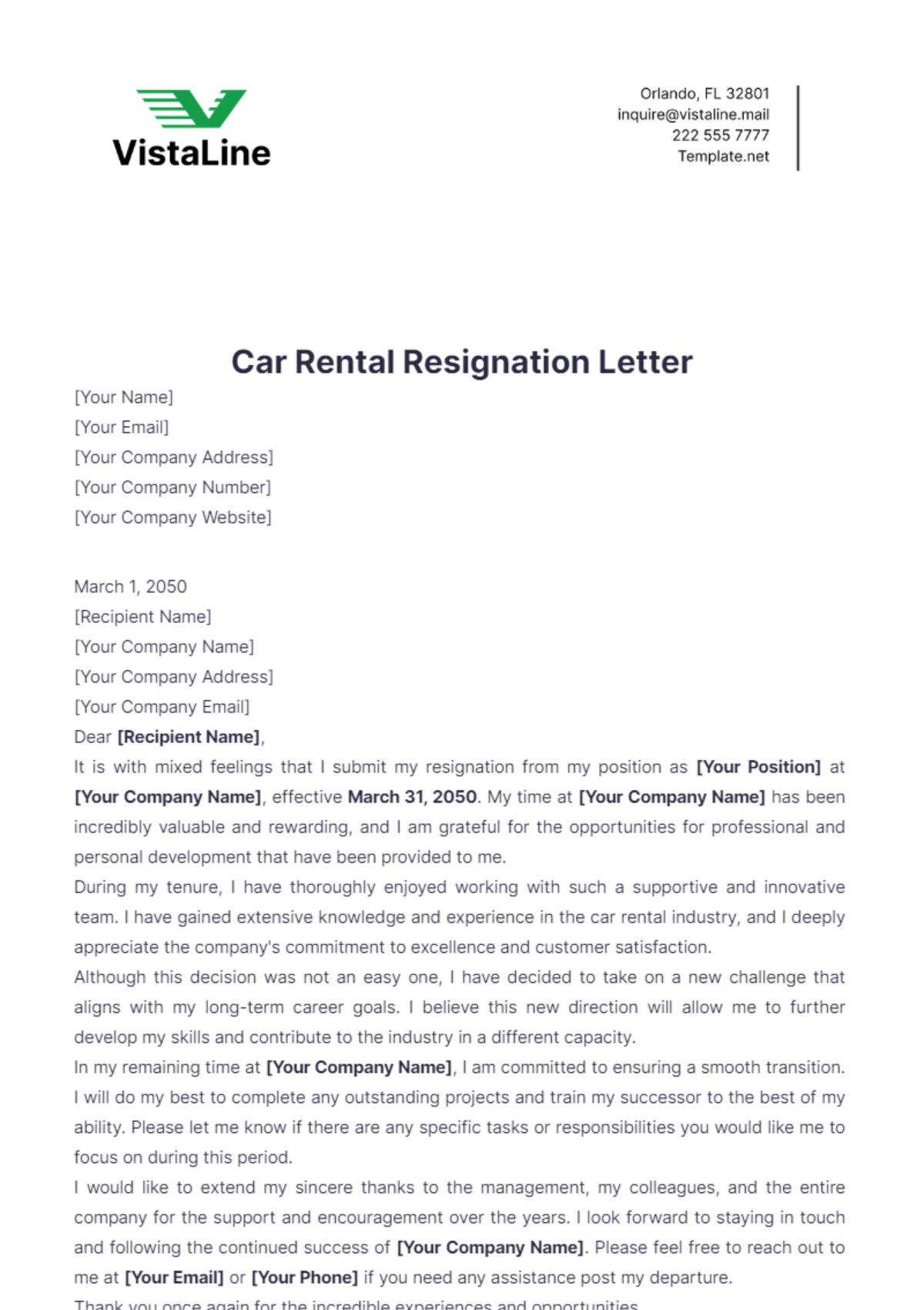 Car Rental Resignation Letter Template