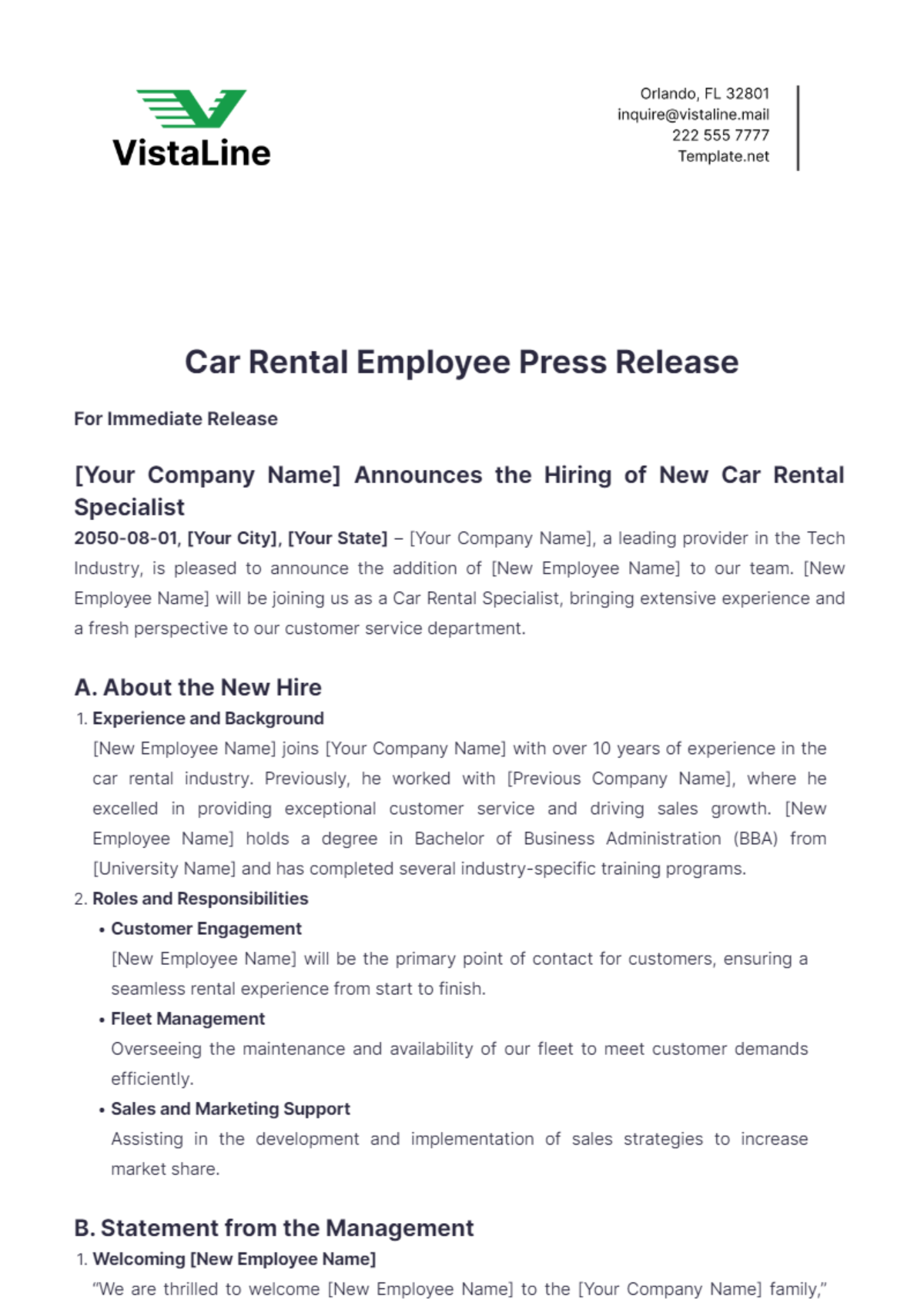 Car Rental Employee Press Release Template - Edit Online & Download