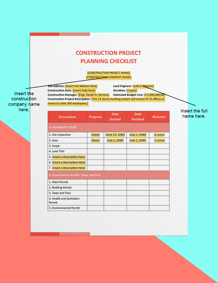 Construction Project Planning Checklist Example