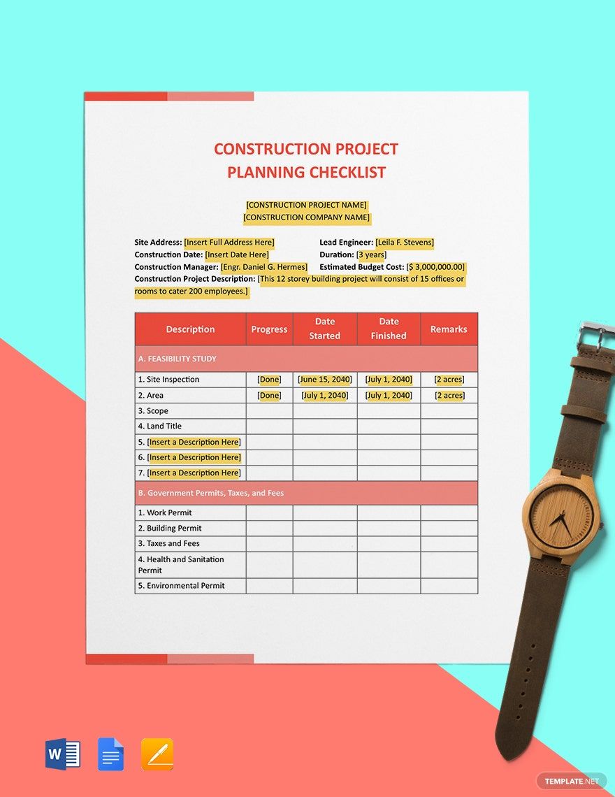 Construction Project Planning Checklist Template