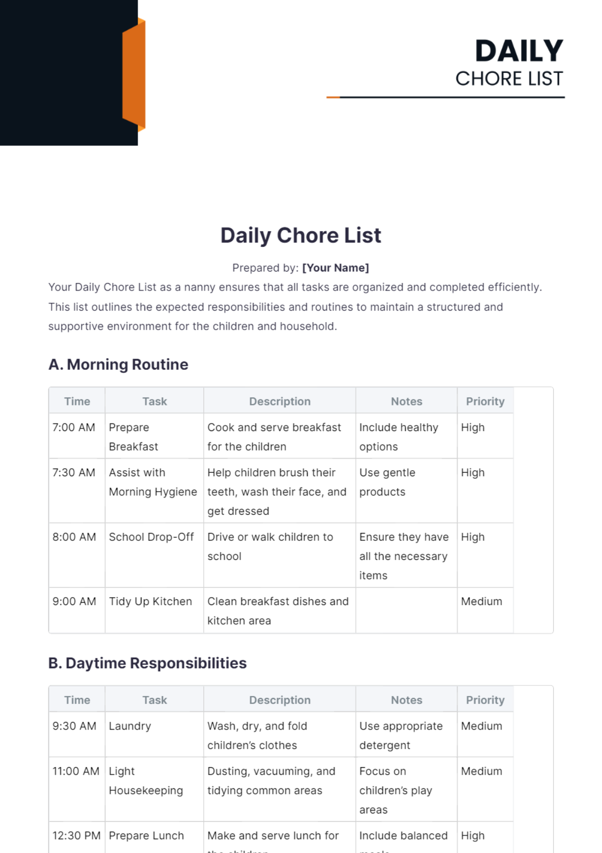 Daily Chore List Template - Edit Online & Download