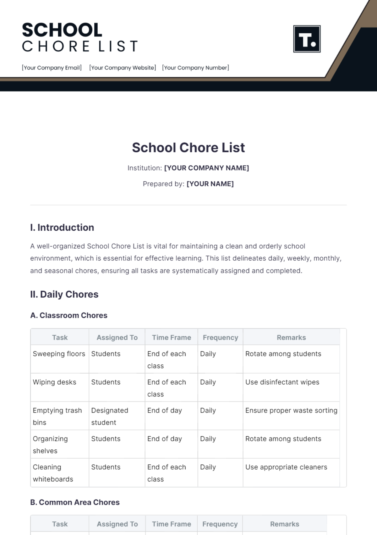 School Chore List Template