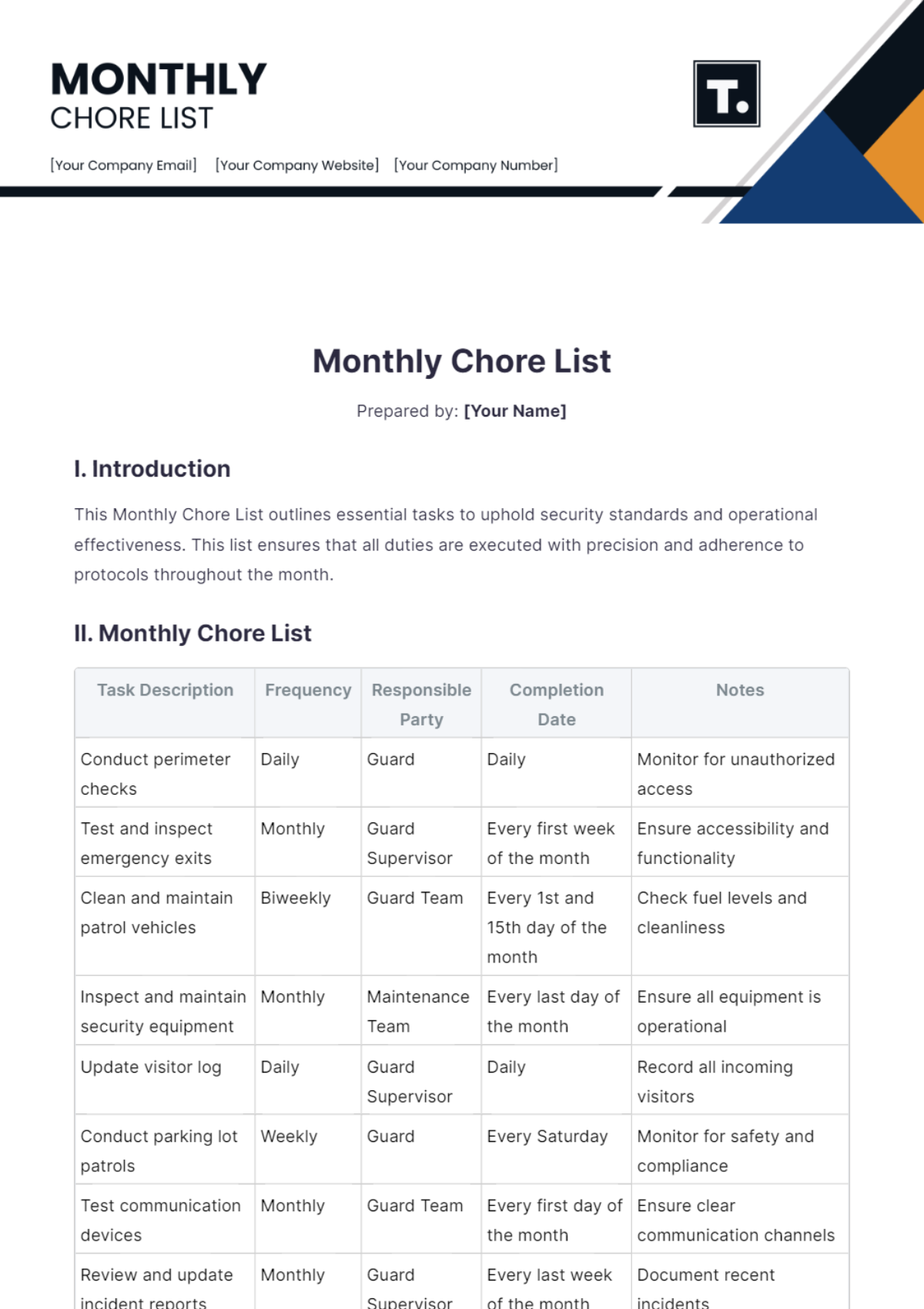 Monthly Chore List Template