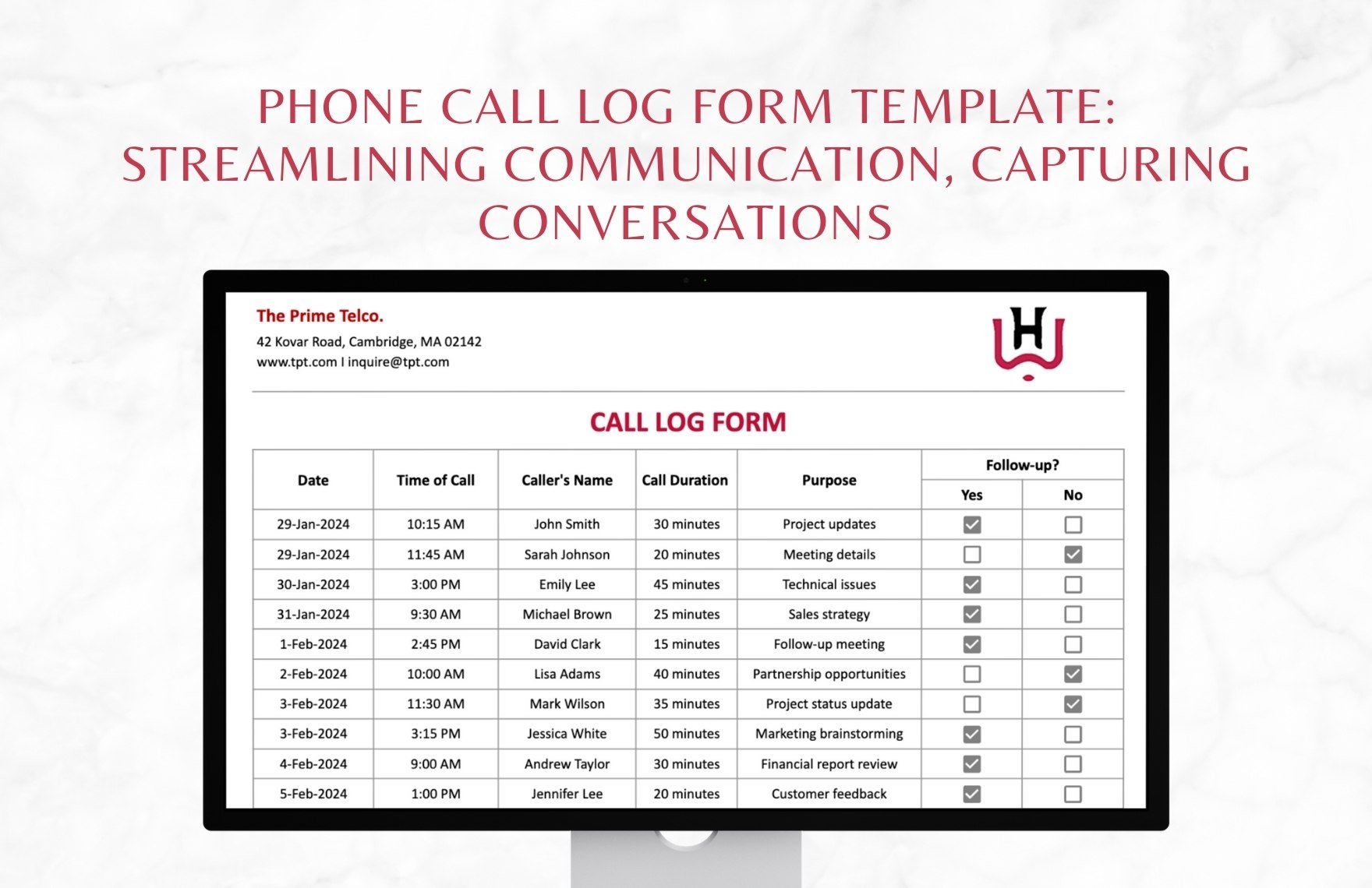 Phone Call Log Form Template