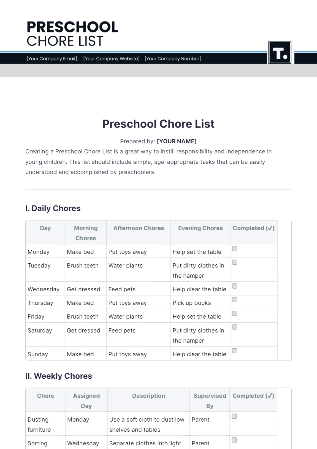 Preschool Chore List Template