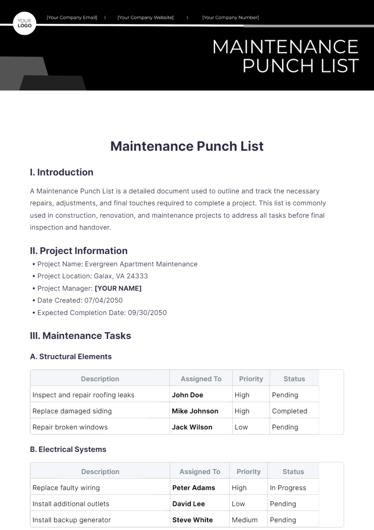 Maintenance Punch List Template