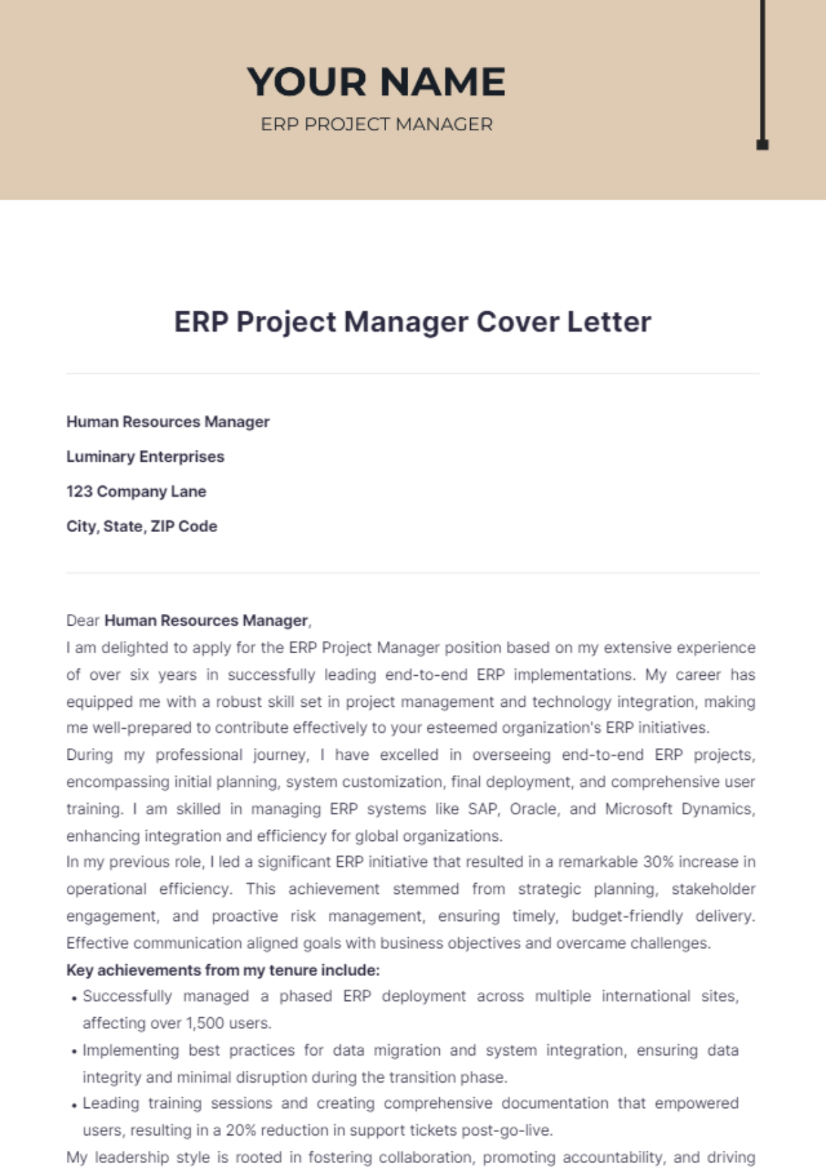 ERP Project Manager Cover Letter