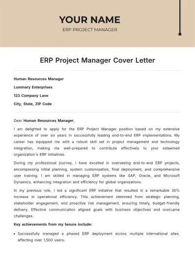 Free ERP Project Manager Cover Letter to Edit Online