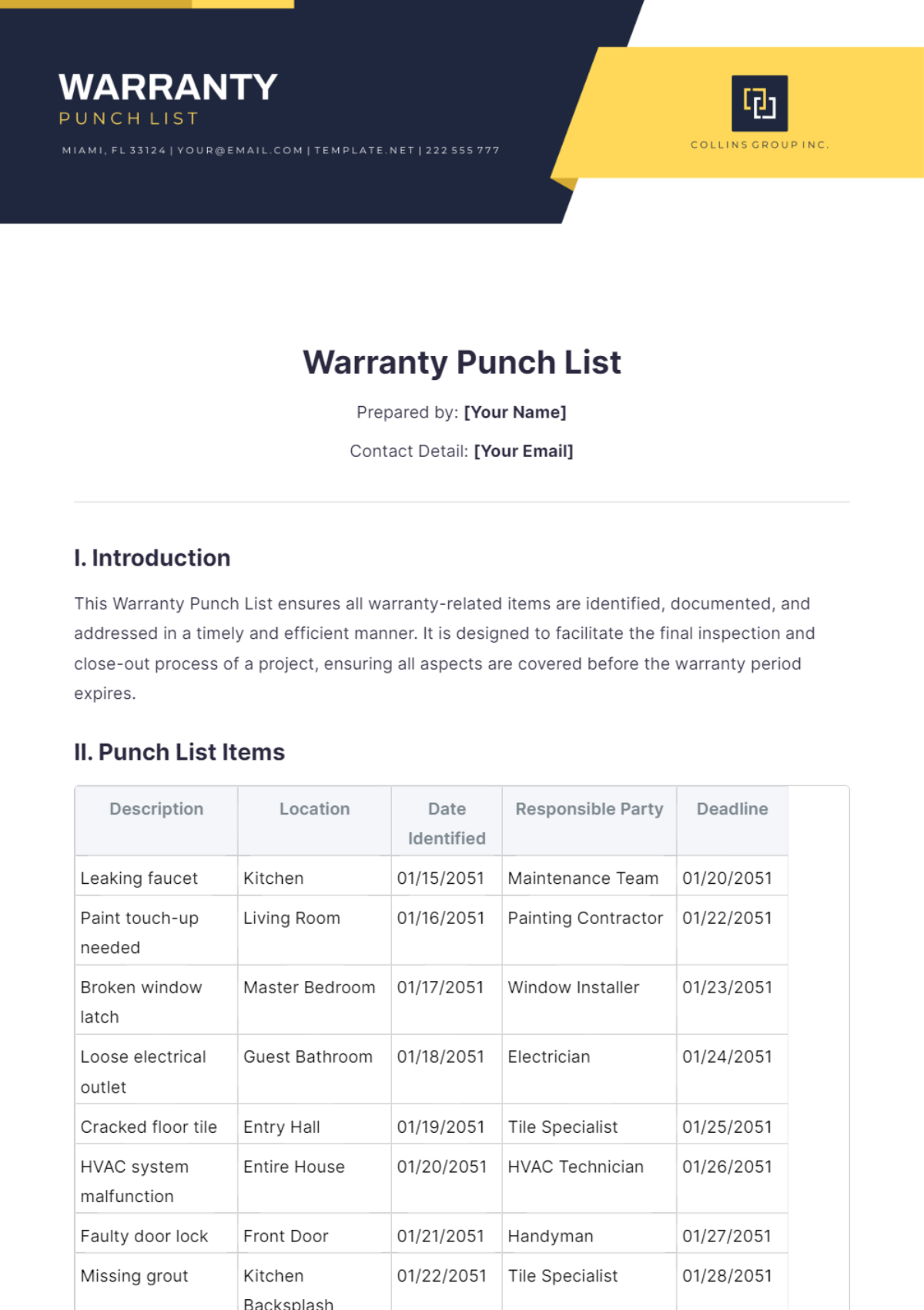 Warranty Punch List Template