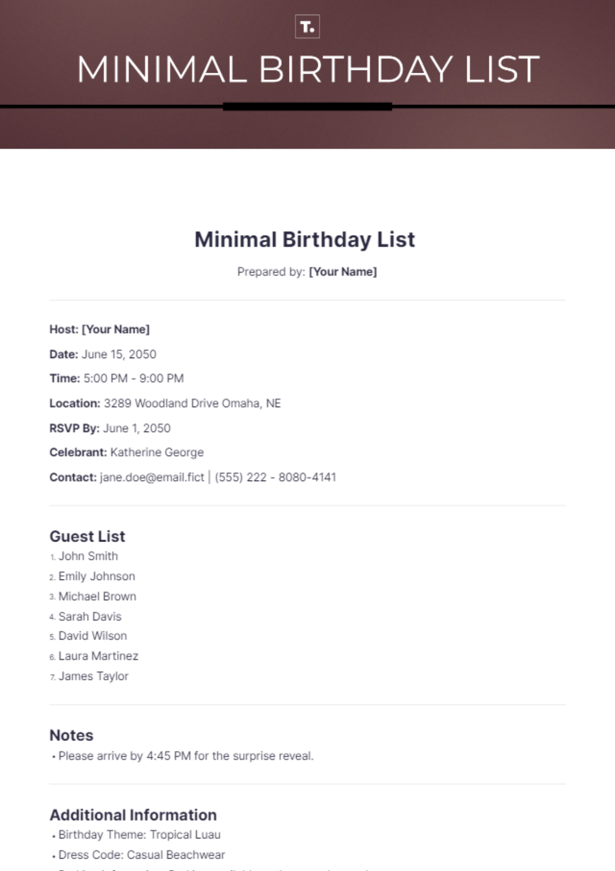 Minimal Birthday List Template