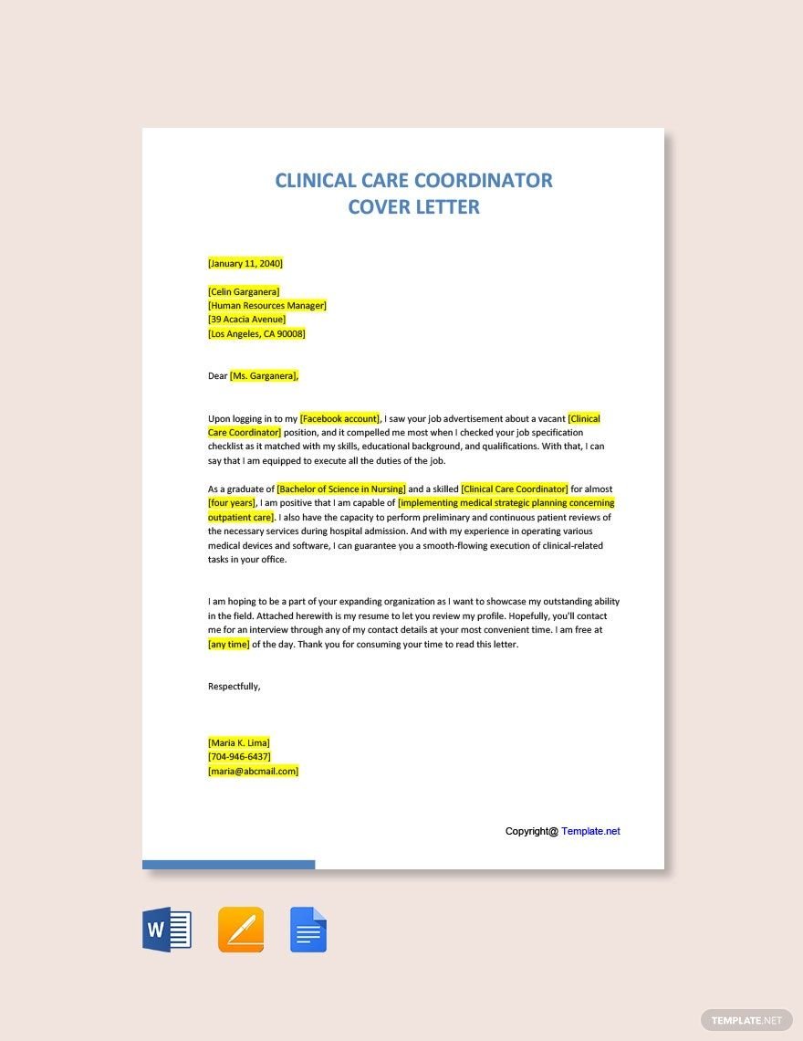 Free Clinical Care Coordinator Cover Letter Template