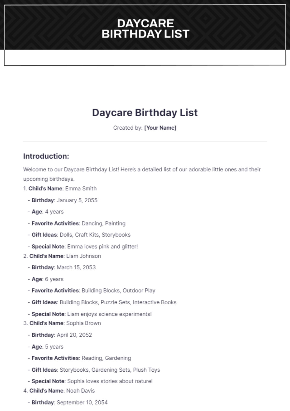 Daycare Birthday List Template - Edit Online & Download