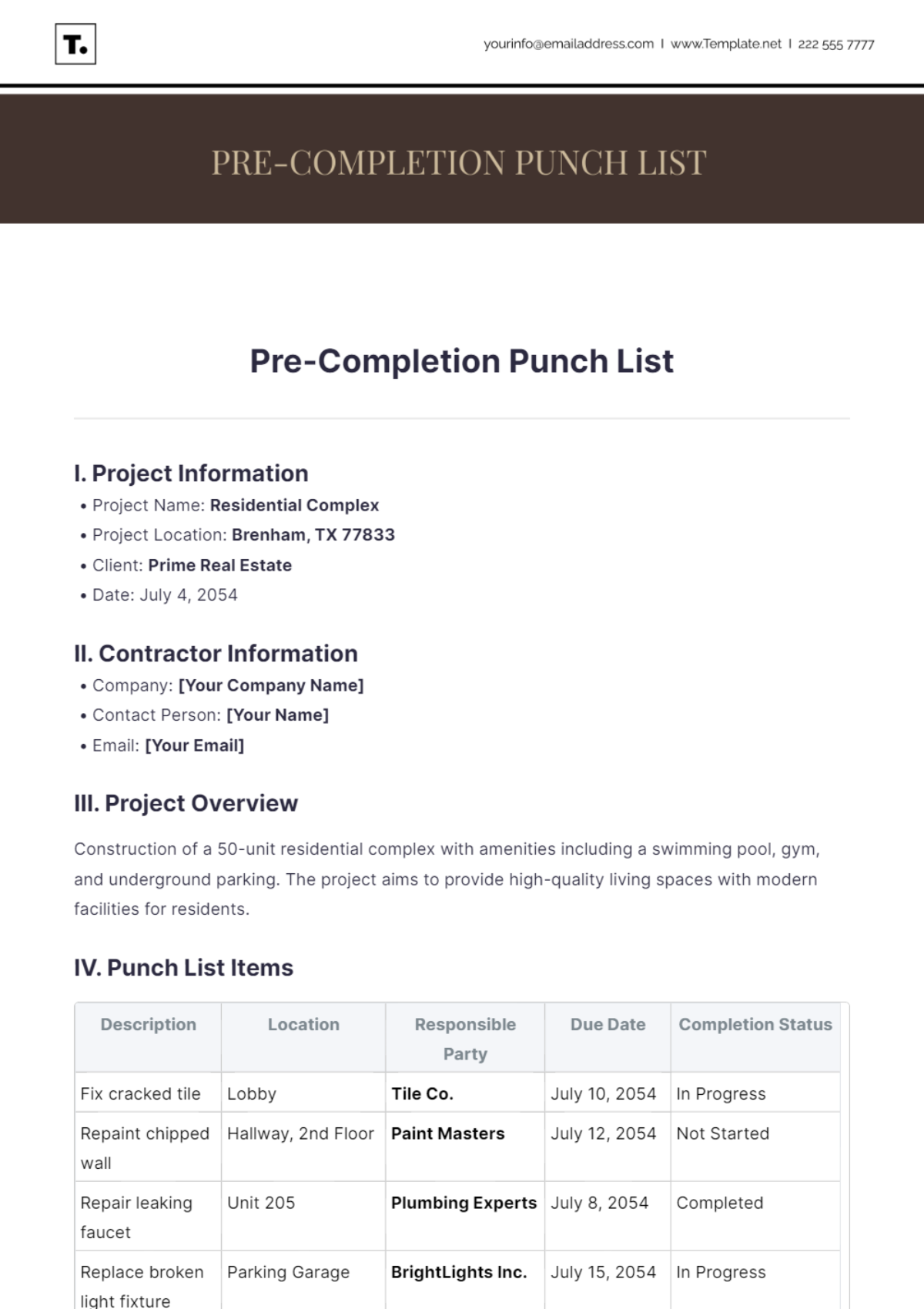 Pre-Completion Punch List Template - Edit Online & Download