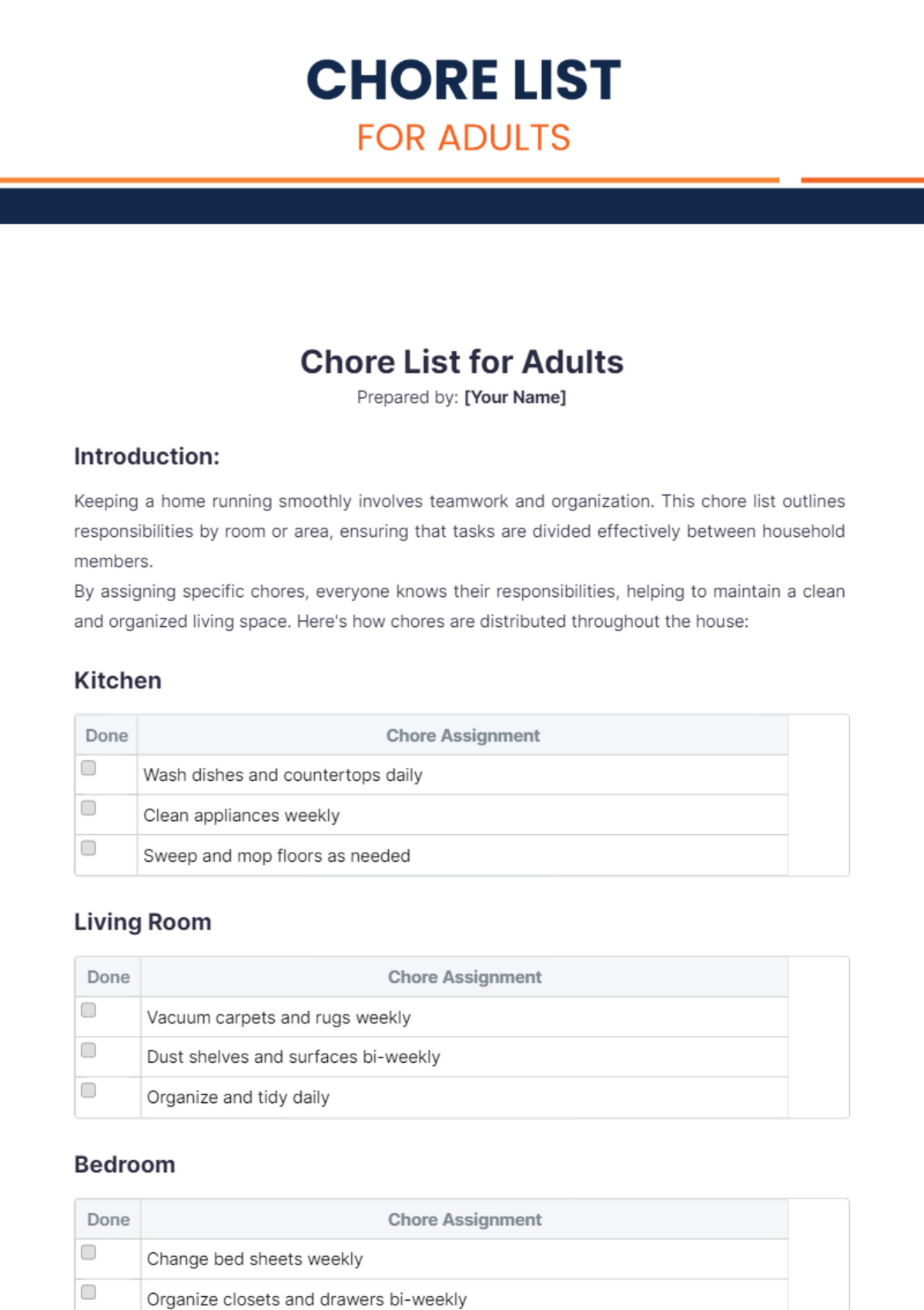 Chore List for Adults Template