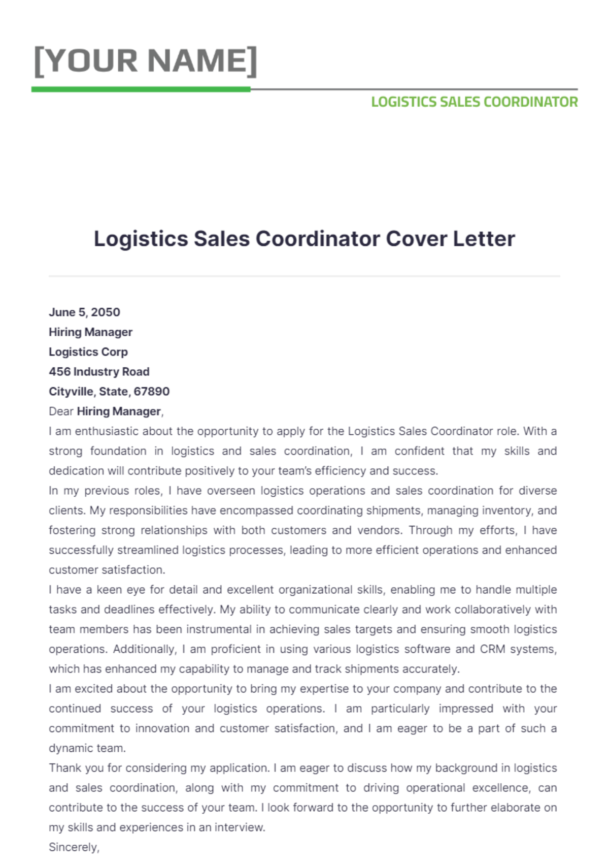 Logistics Sales Coordinator Cover Letter