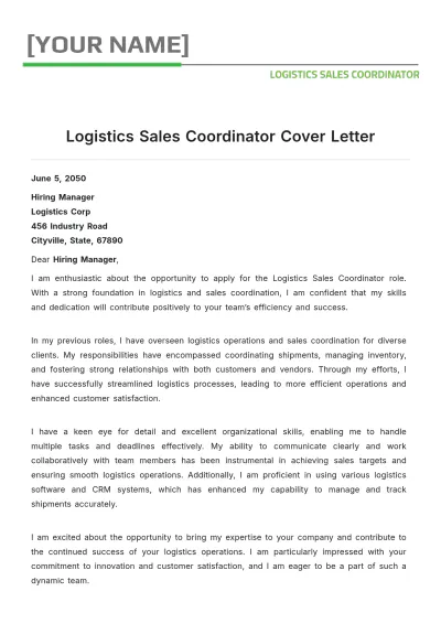 Free Logistics Sales Coordinator Cover Letter to Edit Online