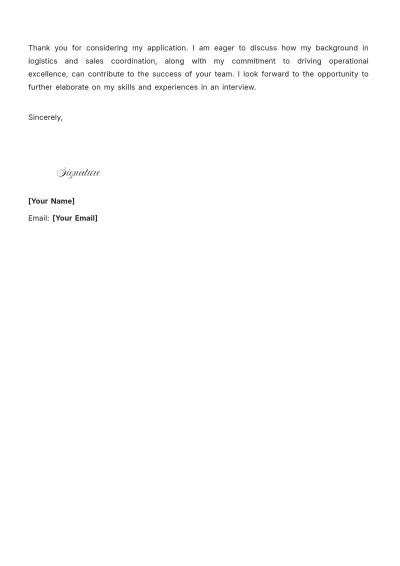 Free Logistics Sales Coordinator Cover Letter to Edit Online