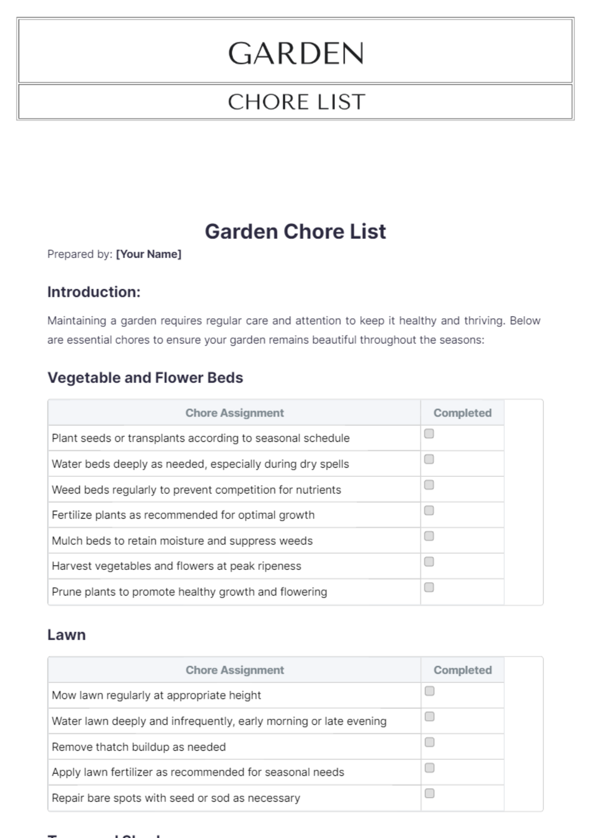 Garden Chore List Template