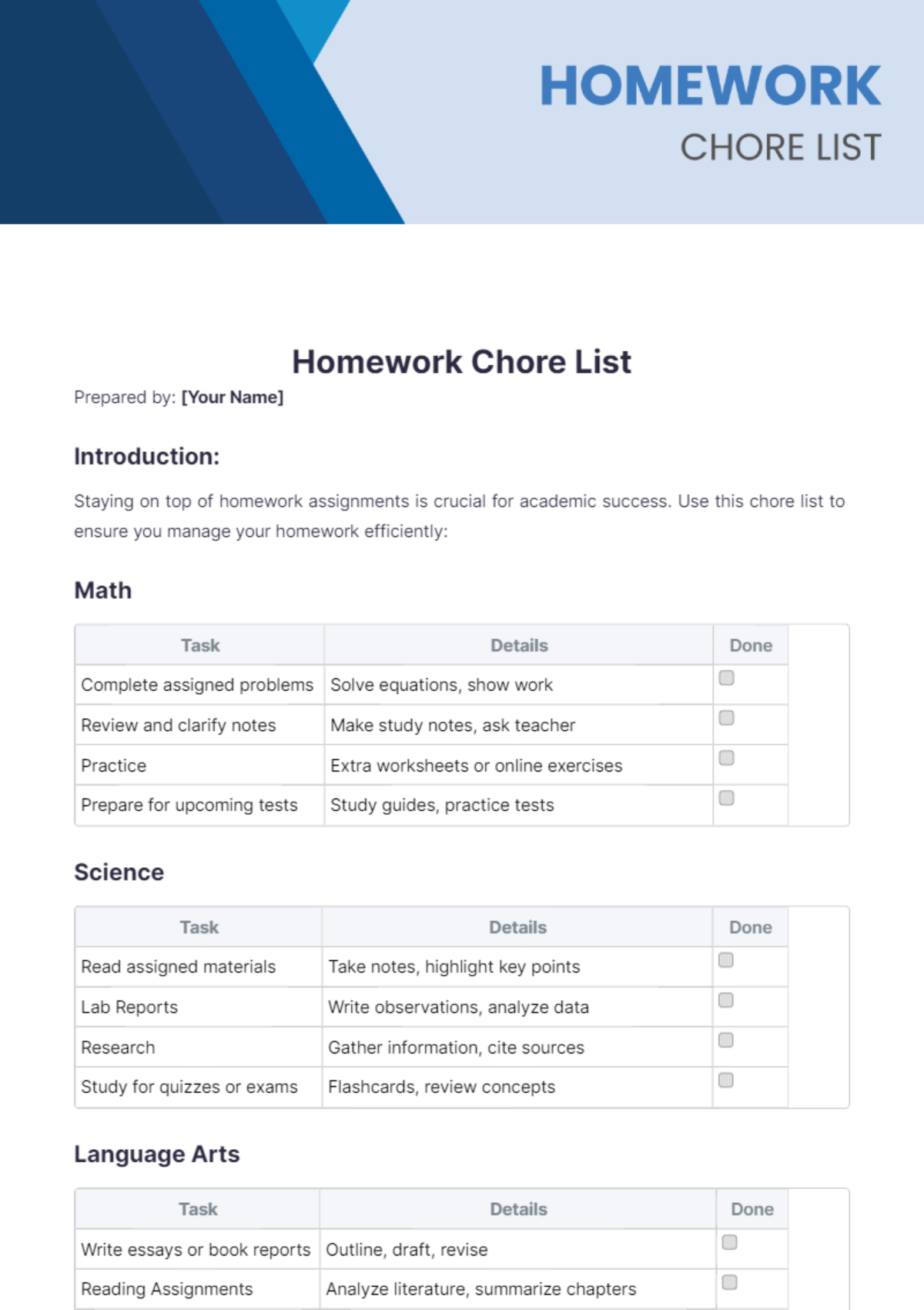 Homework Chore List Template