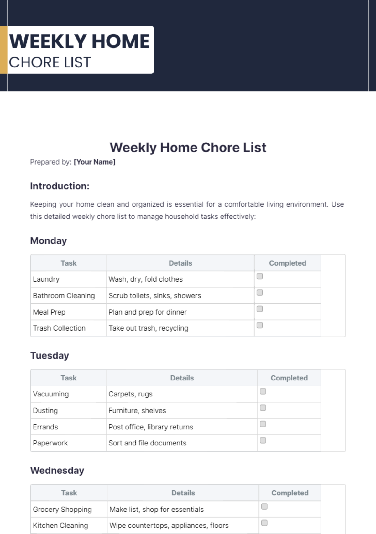 Weekly Home Chore List Template