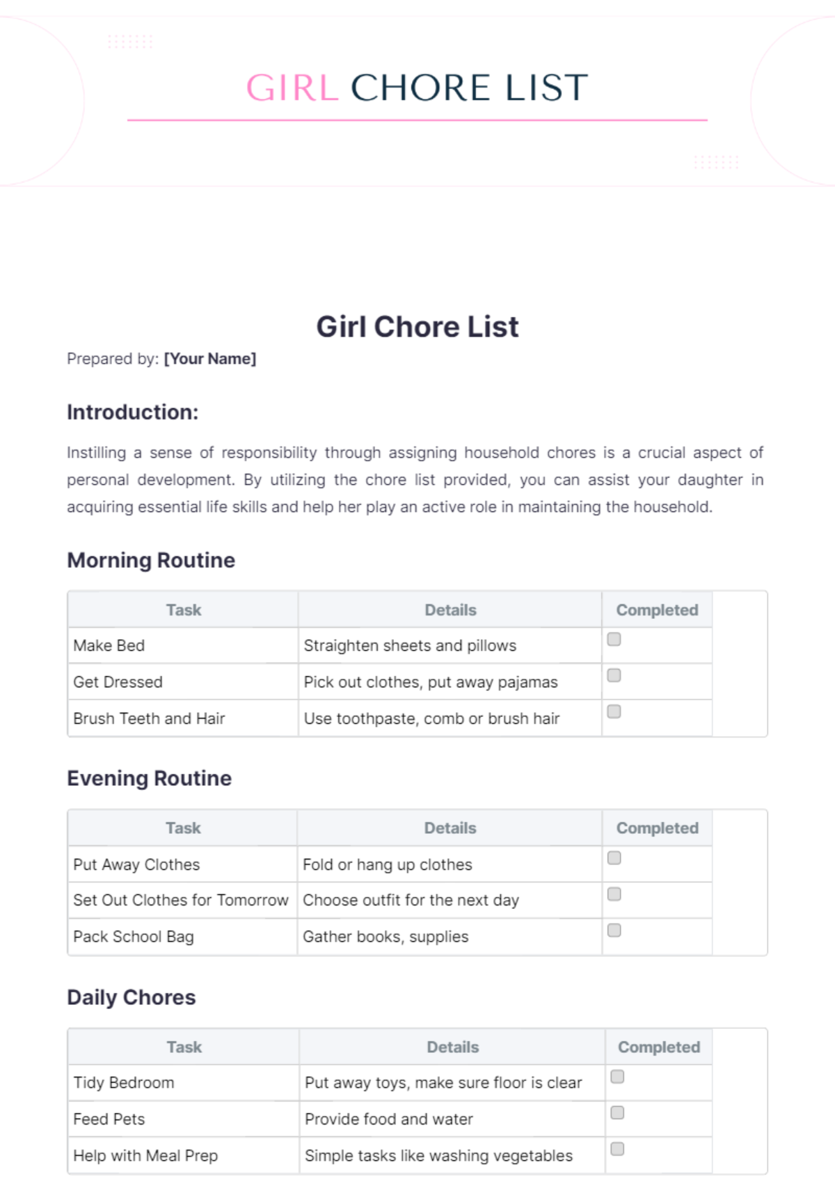 Girl Chore List Template