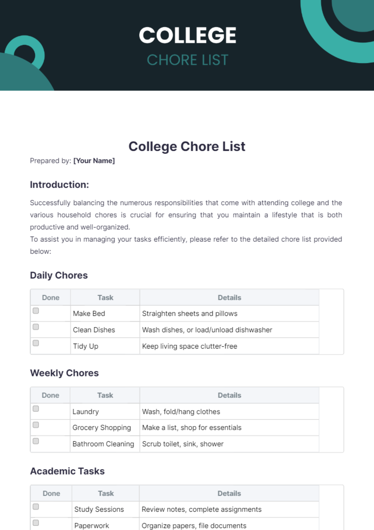 College Chore List Template