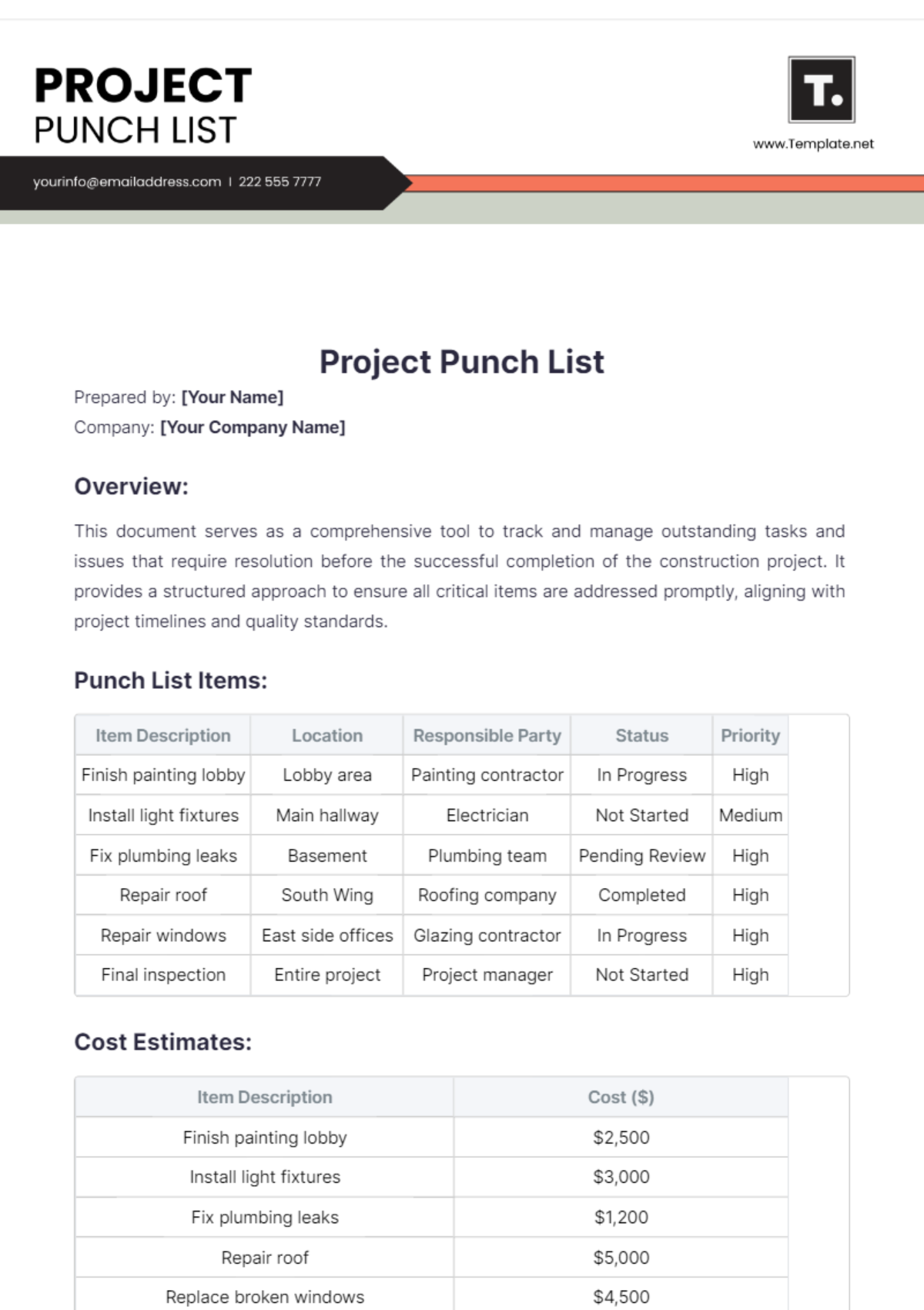 Project Punch List Template - Edit Online & Download