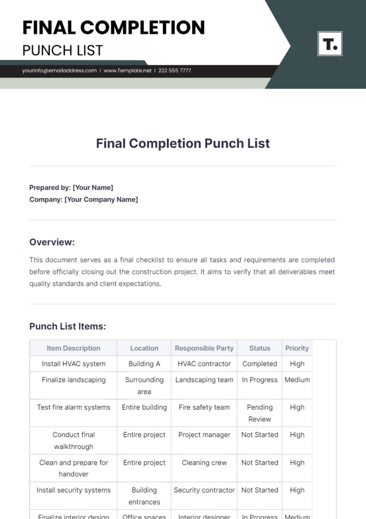 Final Completion Punch List Template