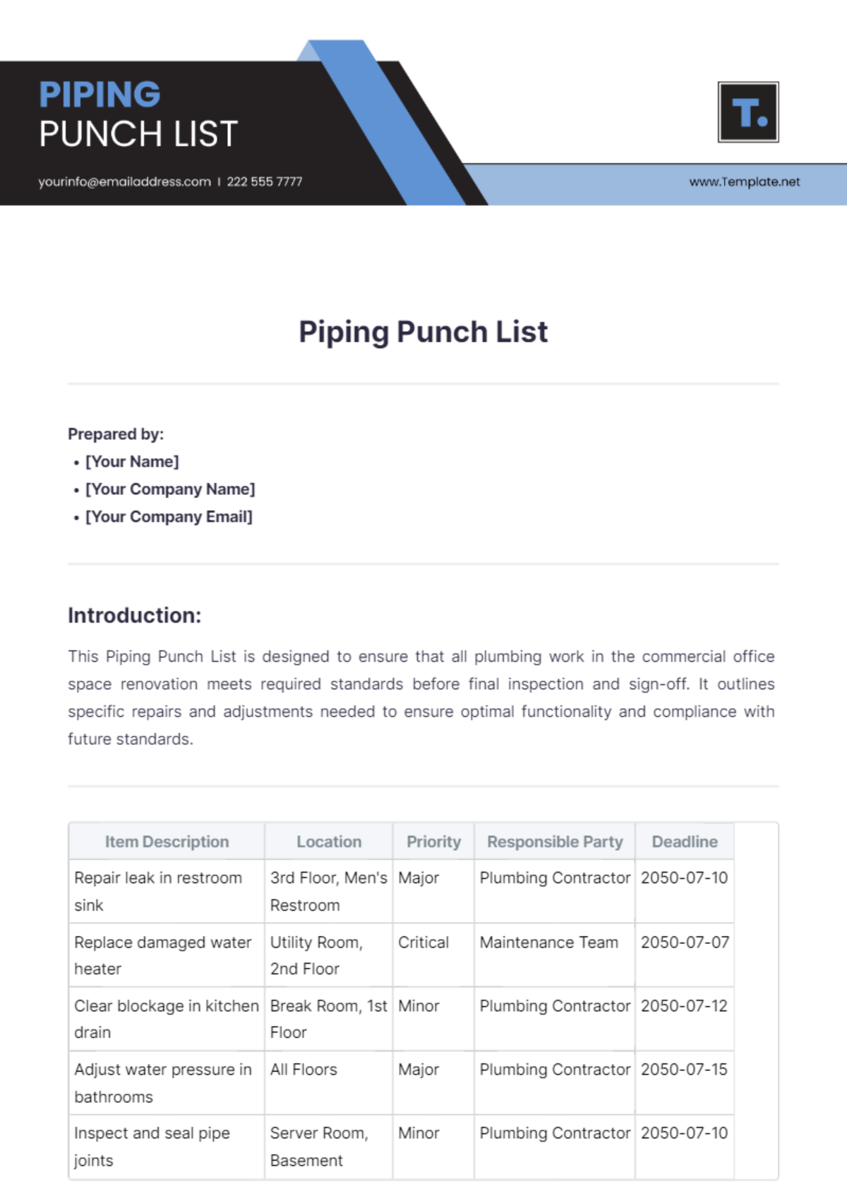 Piping Punch List Template