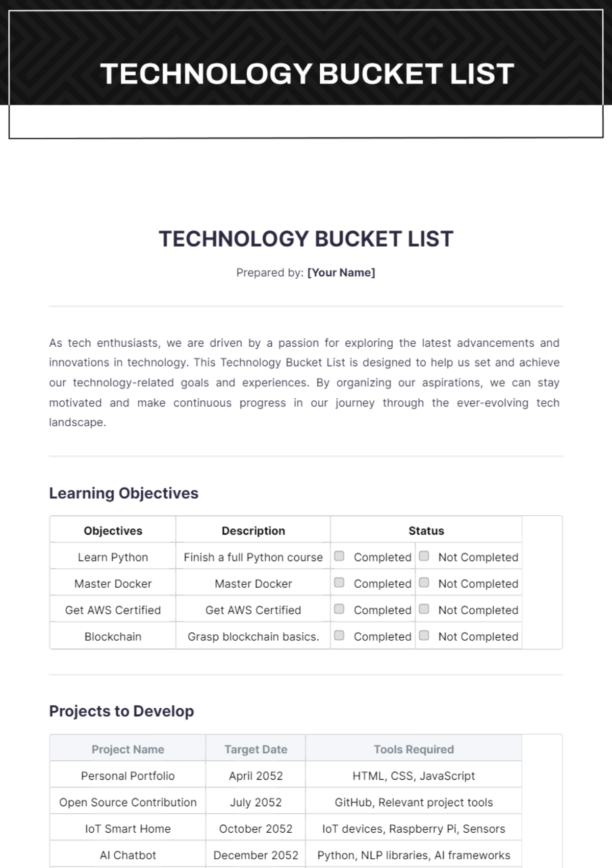 Technology Bucket List Template - Edit Online & Download