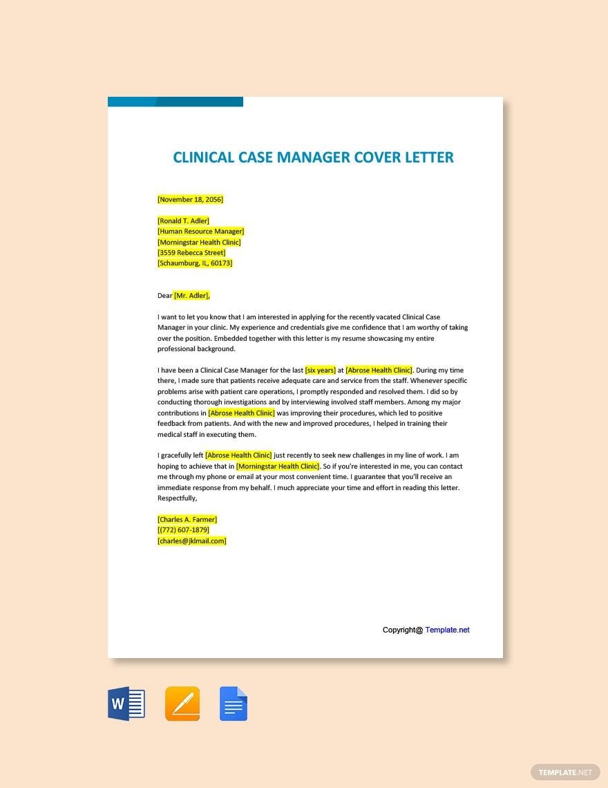 Free Clinical Case Manager Cover Letter Template
