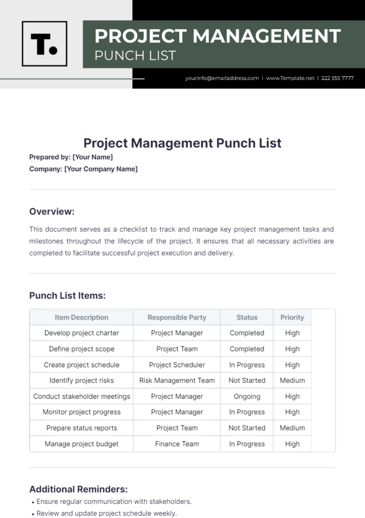 Project Management Punch List Template - Edit Online & Download