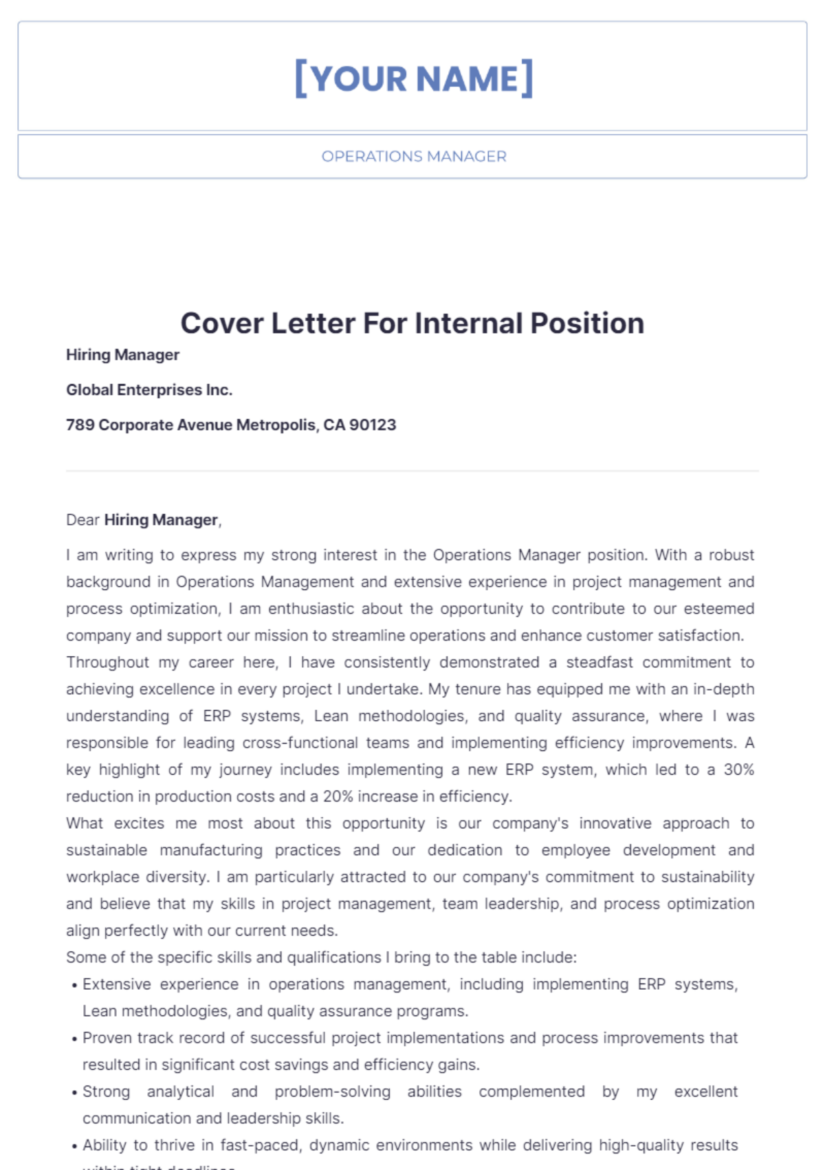 Cover Letter For Internal Position