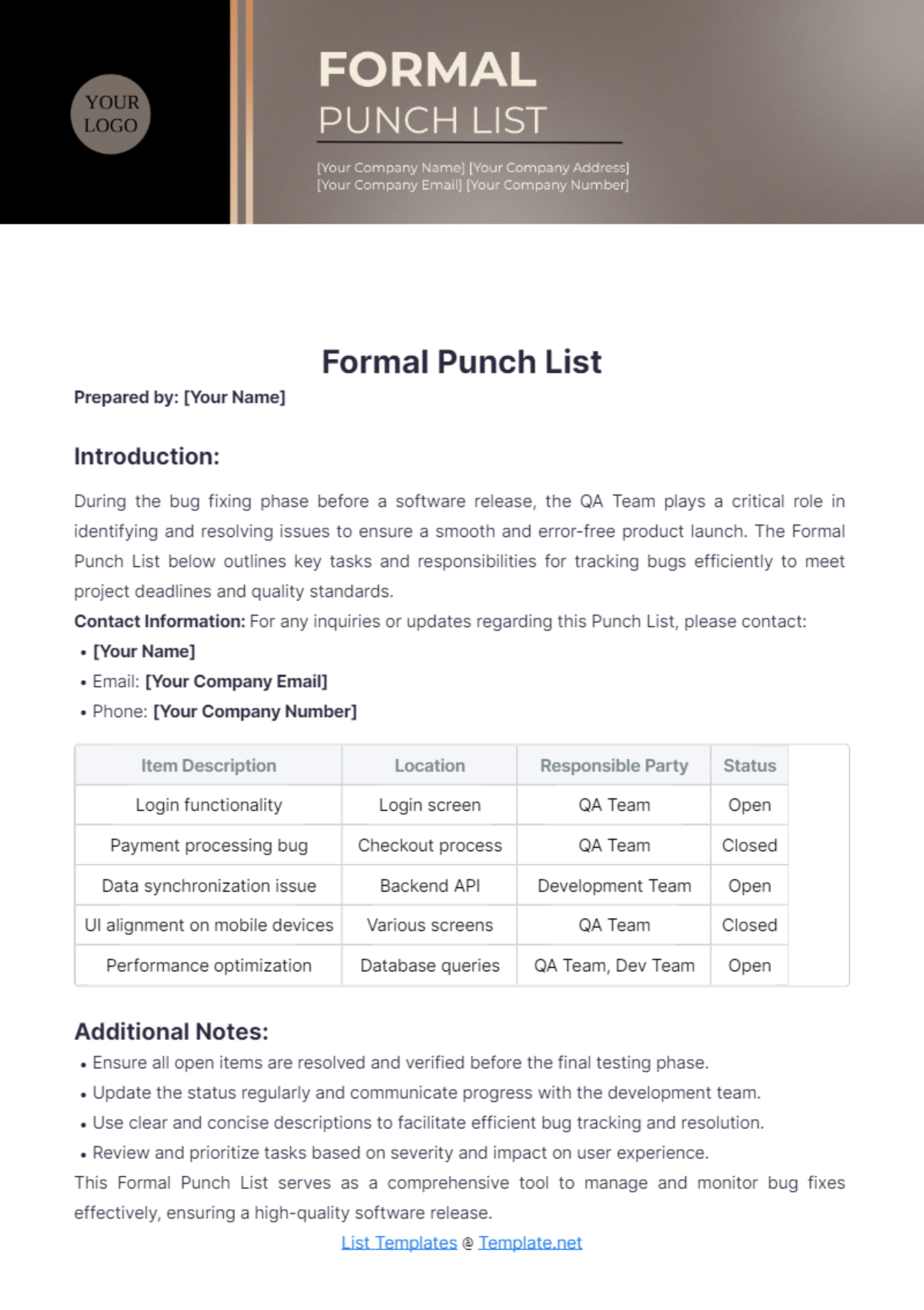 Formal Punch List Template - Edit Online & Download