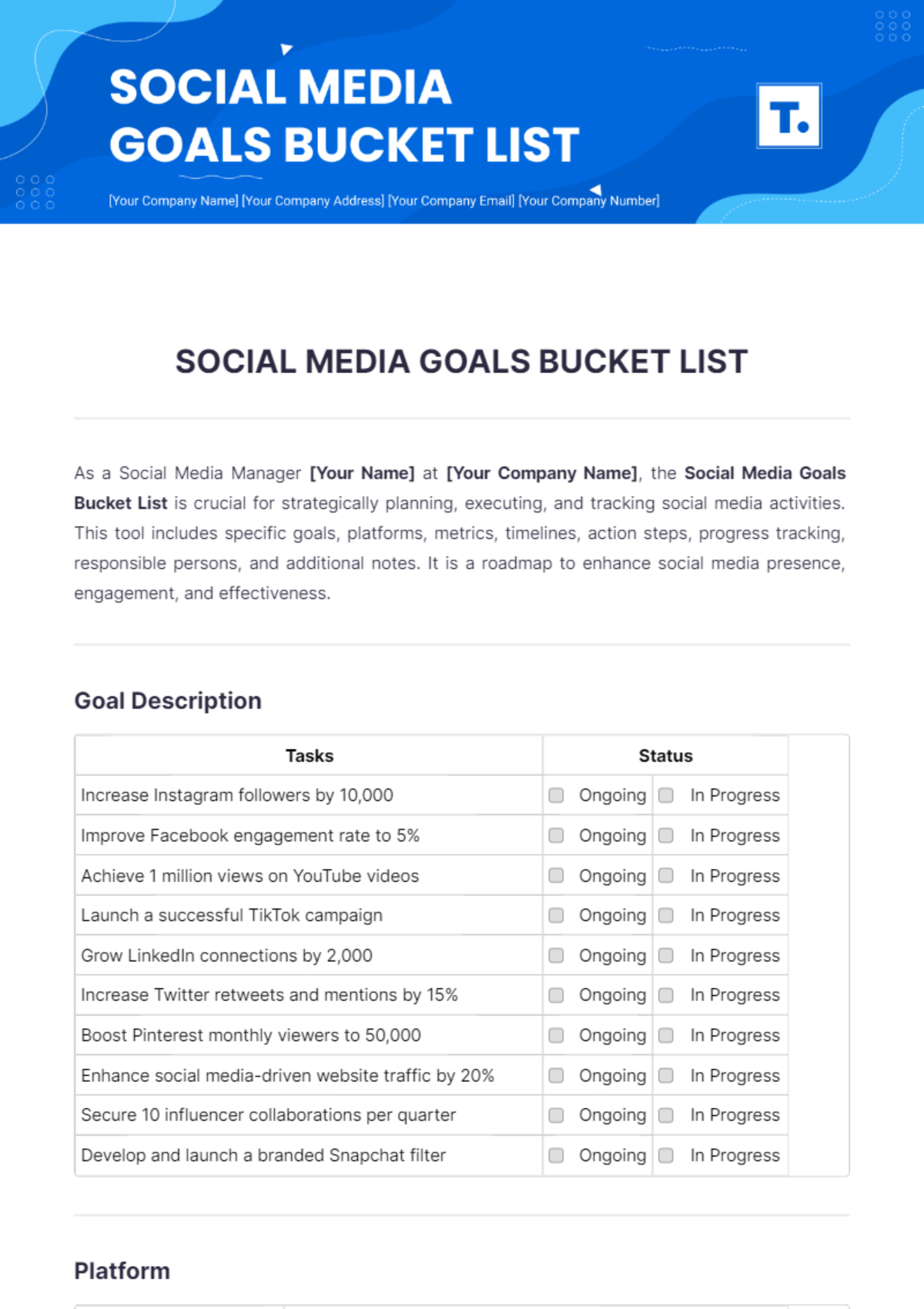 Social Media Goals Bucket List Template - Edit Online & Download