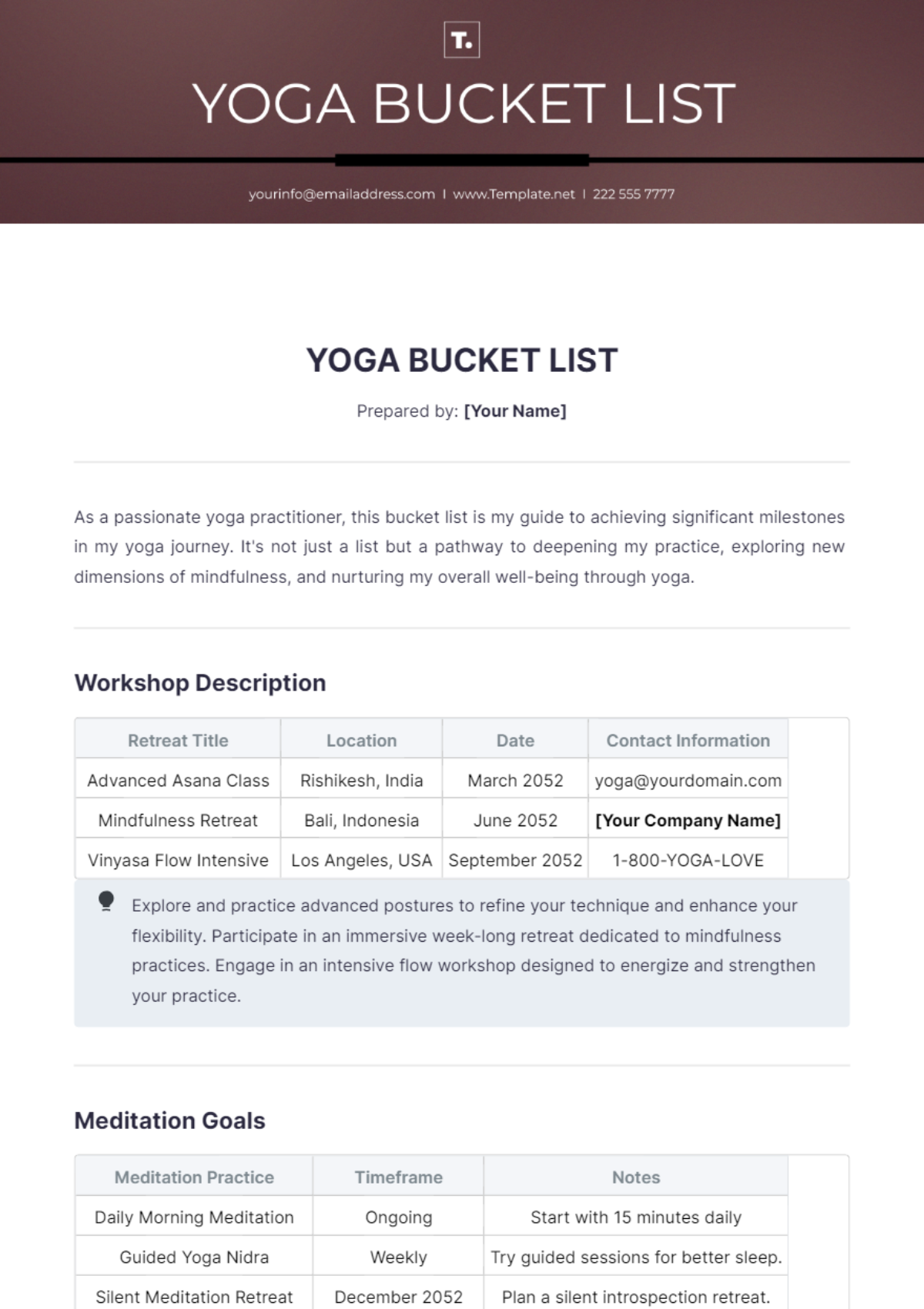 Yoga Bucket List Template