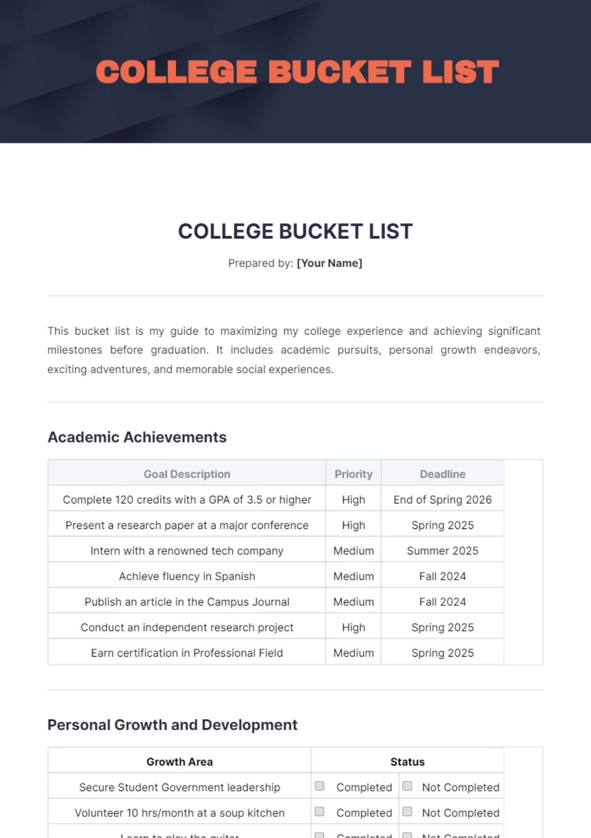 College Bucket List Template - Edit Online & Download