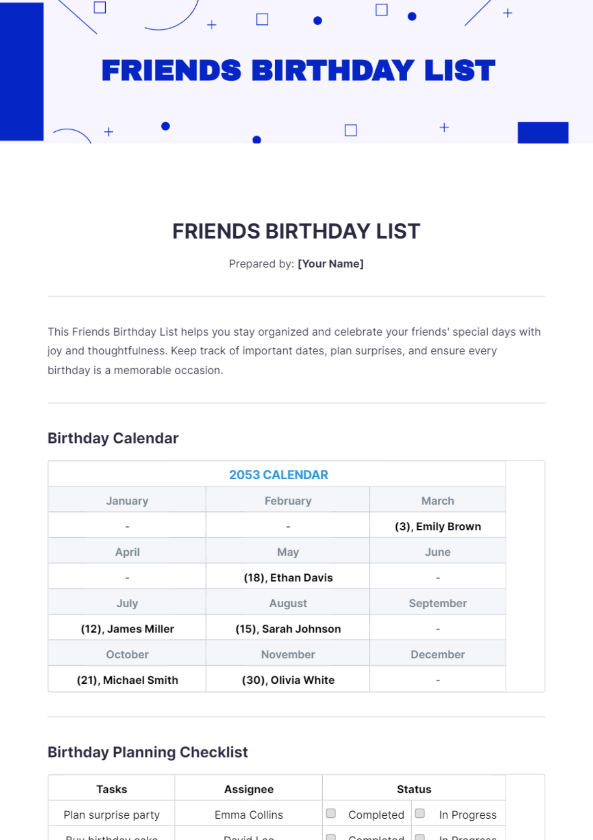 Free Friends Birthday List Template - Edit Online & Download | Template.net