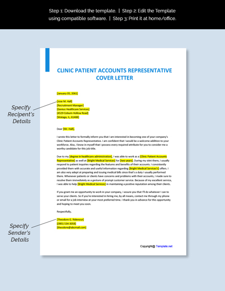 Clinic Patient Accounts Representative Cover Letter Template