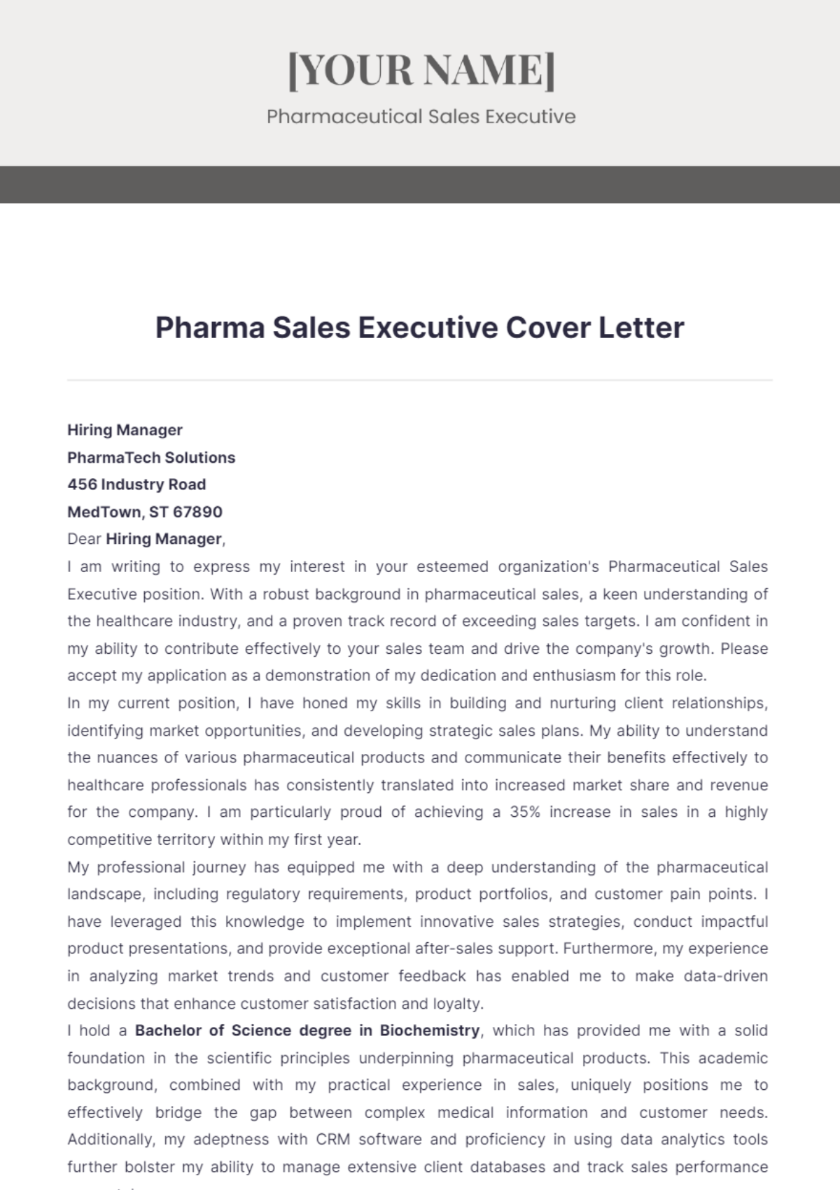 Pharma Sales Executive Cover Letter