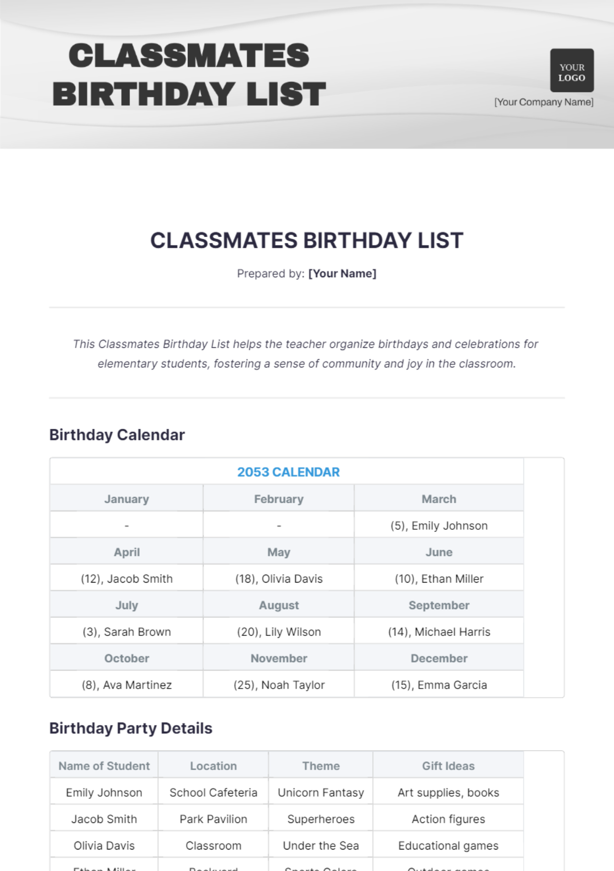 Classmates Birthday List Template