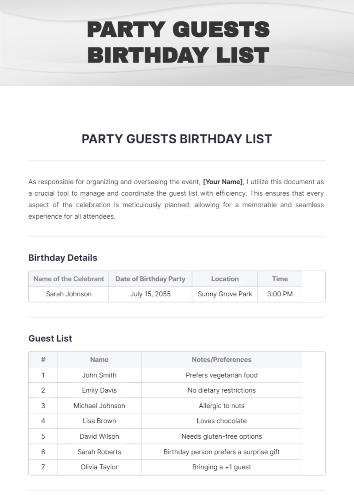 Party Guests Birthday List Template - Edit Online & Download