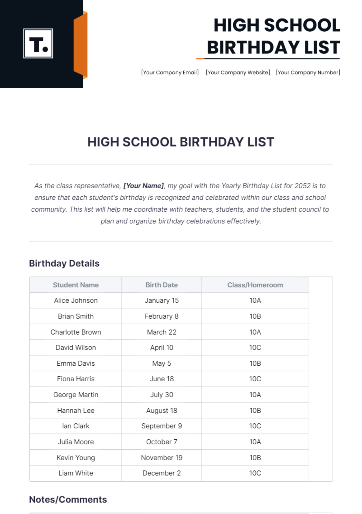 High School Birthday List Template