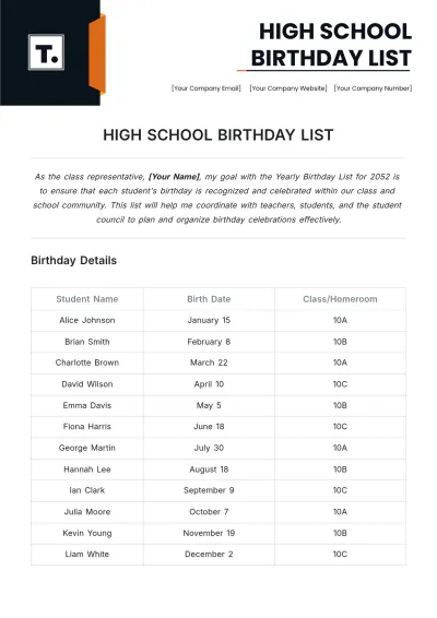 Free High School Birthday List Template to Edit Online