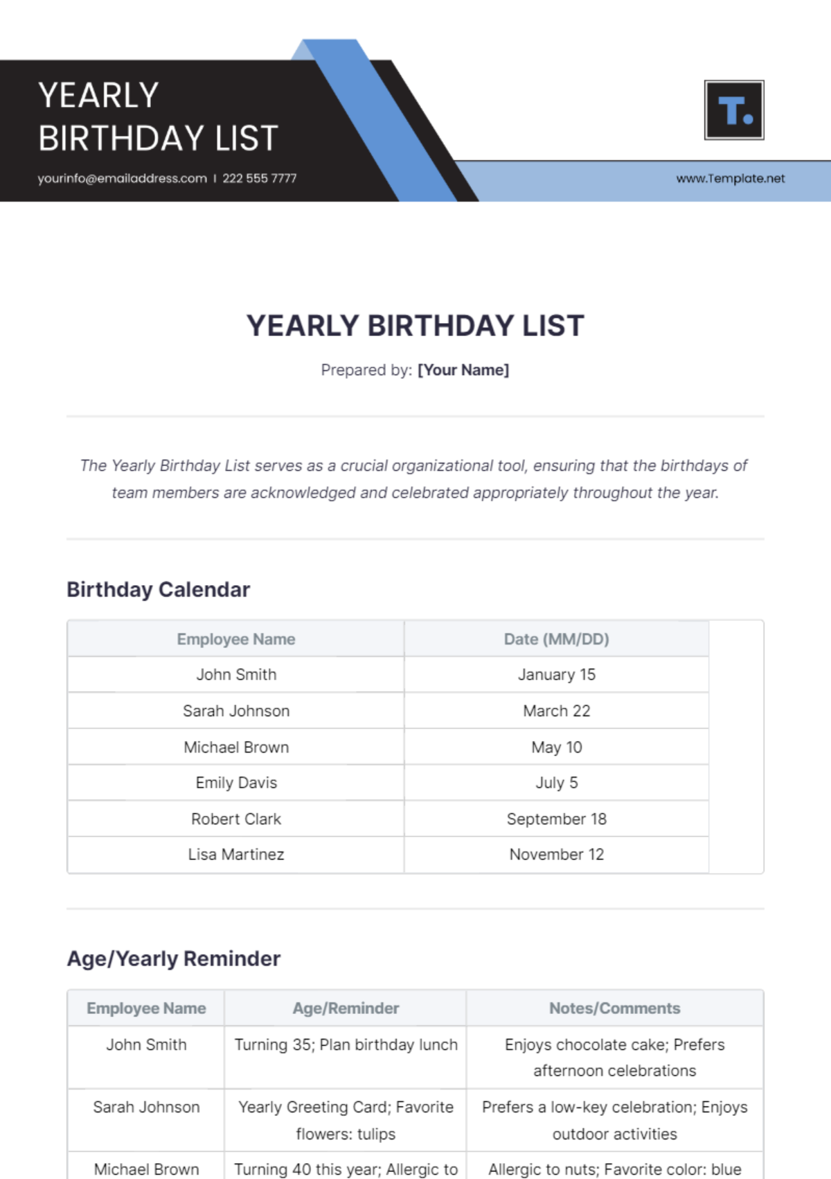 Yearly Birthday List Template