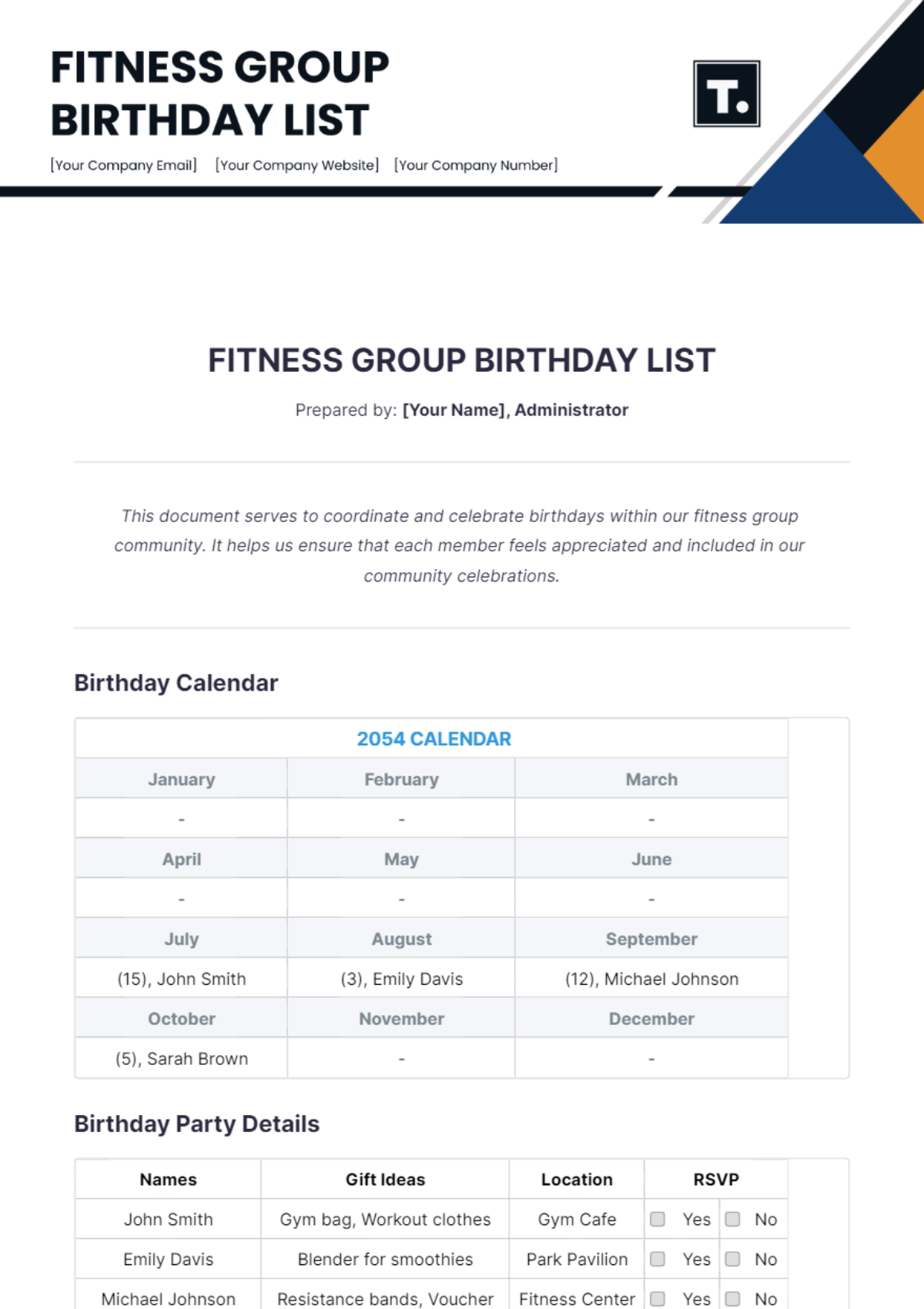 Fitness Group Birthday List Template